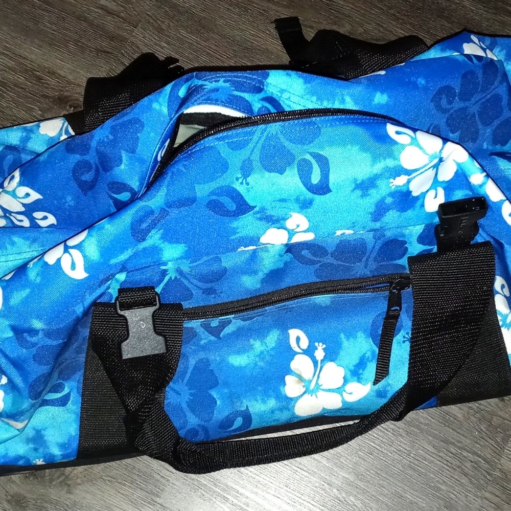 LL Bean blue rolling travel duffel bag suitcase